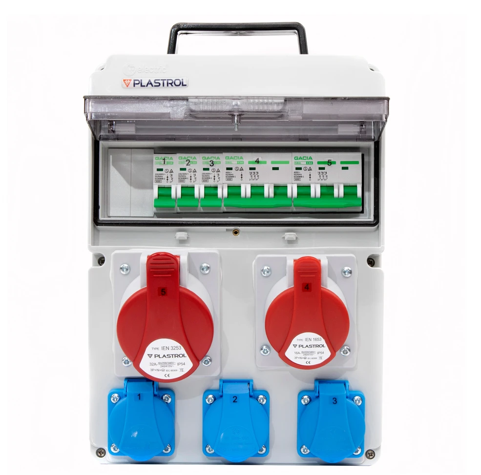 Plastrol Skirstytuvas cas-s 32a 16a 3×230 ip54 statybinis skirstytuvas su viršsrovine apsauga, ip 54, 1x32a-400v/1x16a-400v/3x16a-230v