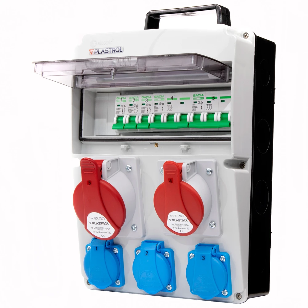 Plastrol Skirstytuvas cas-s 32a 16a 3×230 ip54 statybinis skirstytuvas su viršsrovine apsauga, ip 54, 1x32a-400v/1x16a-400v/3x16a-230v
