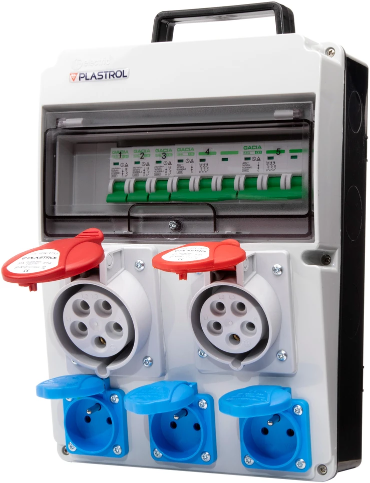 Plastrol Skirstytuvas cas-s 32a 16a 3×230 ip54 statybinis skirstytuvas su viršsrovine apsauga, ip 54, 1x32a-400v/1x16a-400v/3x16a-230v