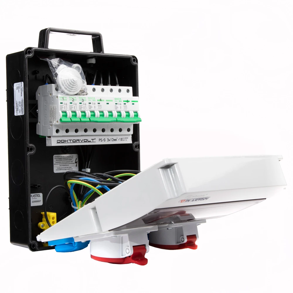 Plastrol Skirstytuvas cas-s 32a 16a 3×230 ip54 statybinis skirstytuvas su viršsrovine apsauga, ip 54, 1x32a-400v/1x16a-400v/3x16a-230v
