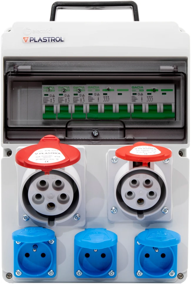 Plastrol Skirstytuvas cas-s 32a 16a 3×230 ip54 statybinis skirstytuvas su viršsrovine apsauga, ip 54, 1x32a-400v/1x16a-400v/3x16a-230v
