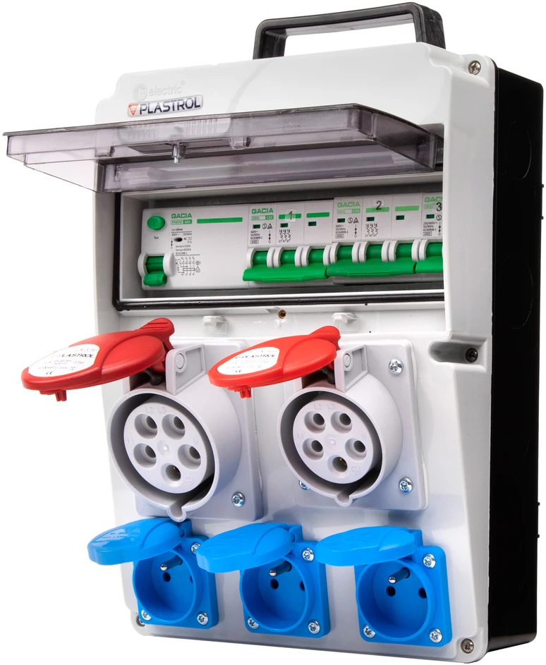 Plastrol Skirstomasis skydas cas-sfi 32a 16a 3×230 ip54 statybinis skirstomasis skydas su viršsrovių ir diferencine apsauga, ip 54, 1x32a-400v/1x16a-400v/3x16a-230v