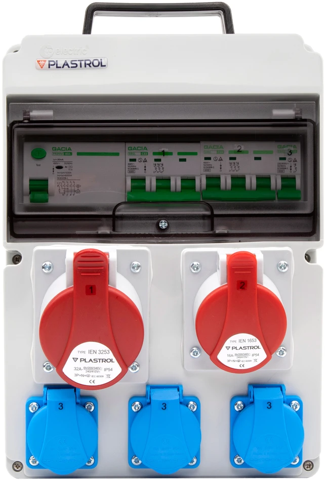 Plastrol Skirstomasis skydas cas-sfi 32a 16a 3×230 ip54 statybinis skirstomasis skydas su viršsrovių ir diferencine apsauga, ip 54, 1x32a-400v/1x16a-400v/3x16a-230v