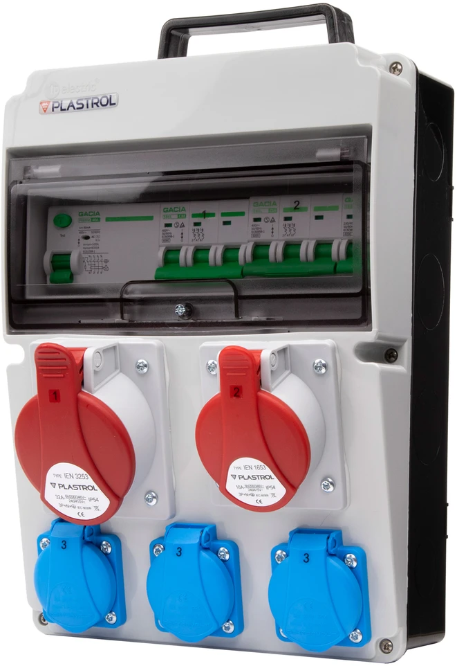 Plastrol Skirstomasis skydas cas-sfi 32a 16a 3×230 ip54 statybinis skirstomasis skydas su viršsrovių ir diferencine apsauga, ip 54, 1x32a-400v/1x16a-400v/3x16a-230v