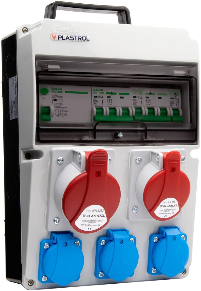 Plastrol Skirstomasis skydas cas-sfi 32a 16a 3×230 ip54 statybinis skirstomasis skydas su viršsrovių ir diferencine apsauga, ip 54, 1x32a-400v/1x16a-400v/3x16a-230v