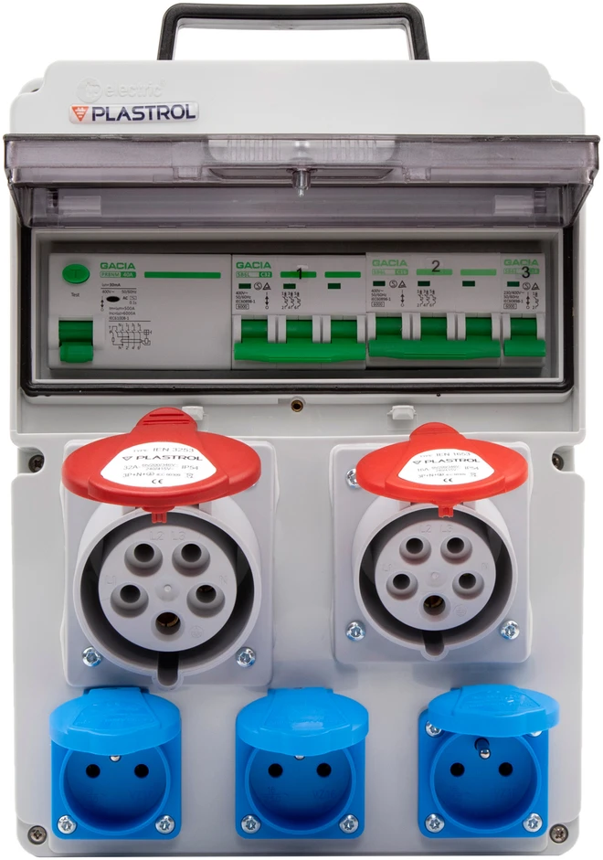 Plastrol Skirstomasis skydas cas-sfi 32a 16a 3×230 ip54 statybinis skirstomasis skydas su viršsrovių ir diferencine apsauga, ip 54, 1x32a-400v/1x16a-400v/3x16a-230v