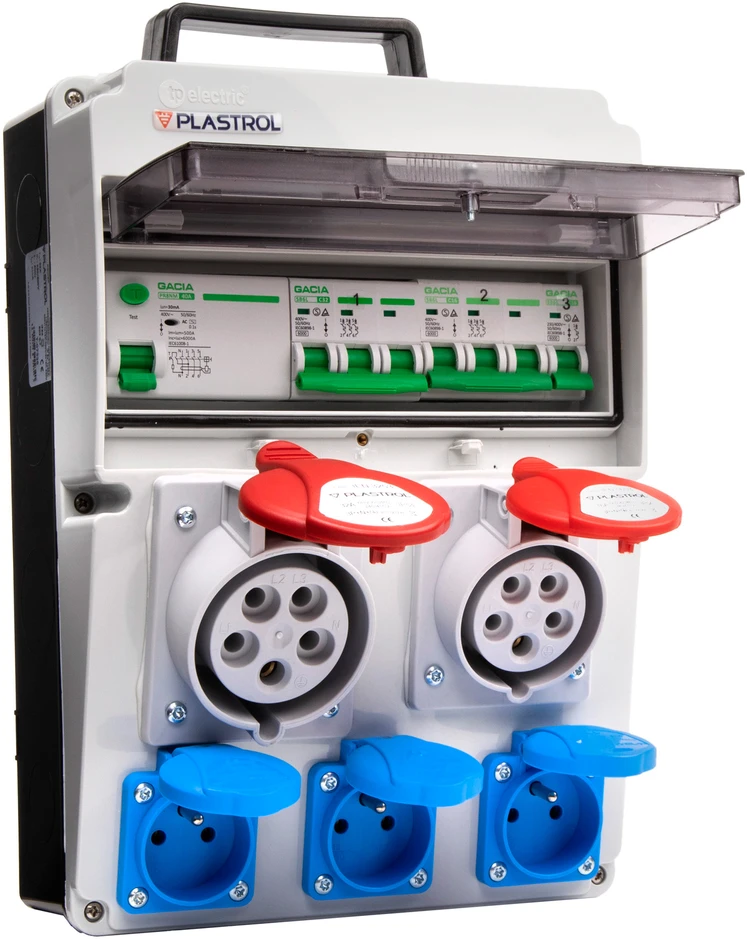 Plastrol Skirstomasis skydas cas-sfi 32a 16a 3×230 ip54 statybinis skirstomasis skydas su viršsrovių ir diferencine apsauga, ip 54, 1x32a-400v/1x16a-400v/3x16a-230v