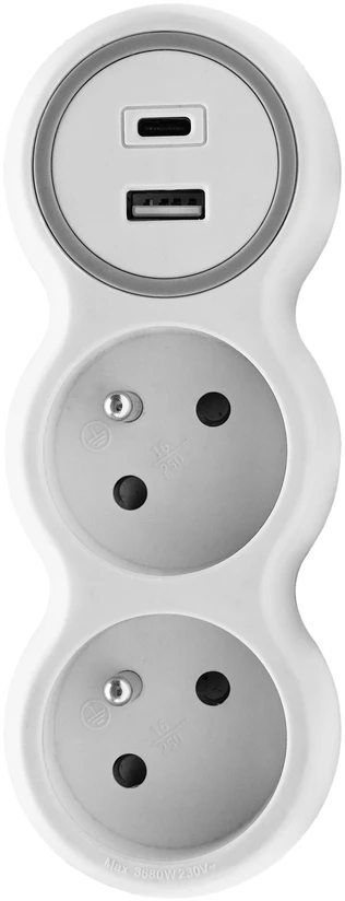 Plastrol Dvigubas skirstytuvas, 2x kištukiniai lizdai su įžeminimu, 1x USB A lizdas, 1x USB C lizdas – PD20W