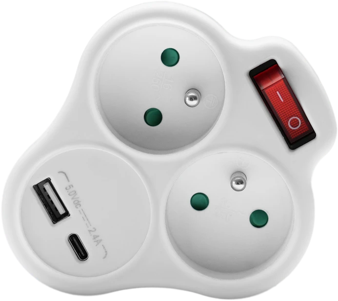 Plastrol Dvigubas skirstytuvas su jungikliu, 2x2p+su, 16A, 230V; 1xUSB A lizdas, 1xUSB C lizdas; balta