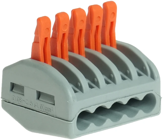 Plastrol Sparčioji jungtis penkiakartė su svirtelėmis, tinka visų tipų laidams, 24 A, 0,2–4 mm², 450 V AC