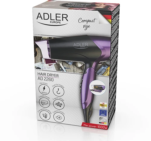 Adler | Plaukų džiovintuvas | AD 2260 | 1600 W | Number of temperature settings 2 | Juodas/Violetinė