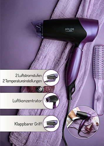 Adler | Plaukų džiovintuvas | AD 2260 | 1600 W | Number of temperature settings 2 | Juodas/Violetinė