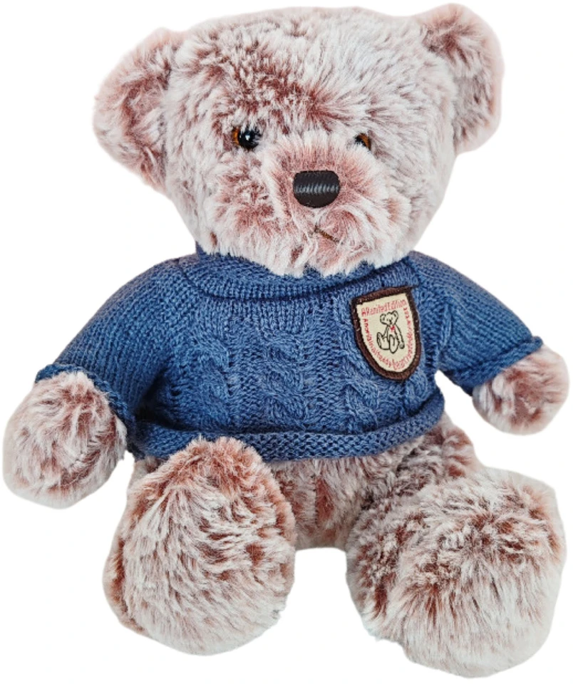 Lean Toys Pliušinis žaislas - meškiukas su mėlynu megztuku, 21 cm aprašymas - Prekės nuotrauka