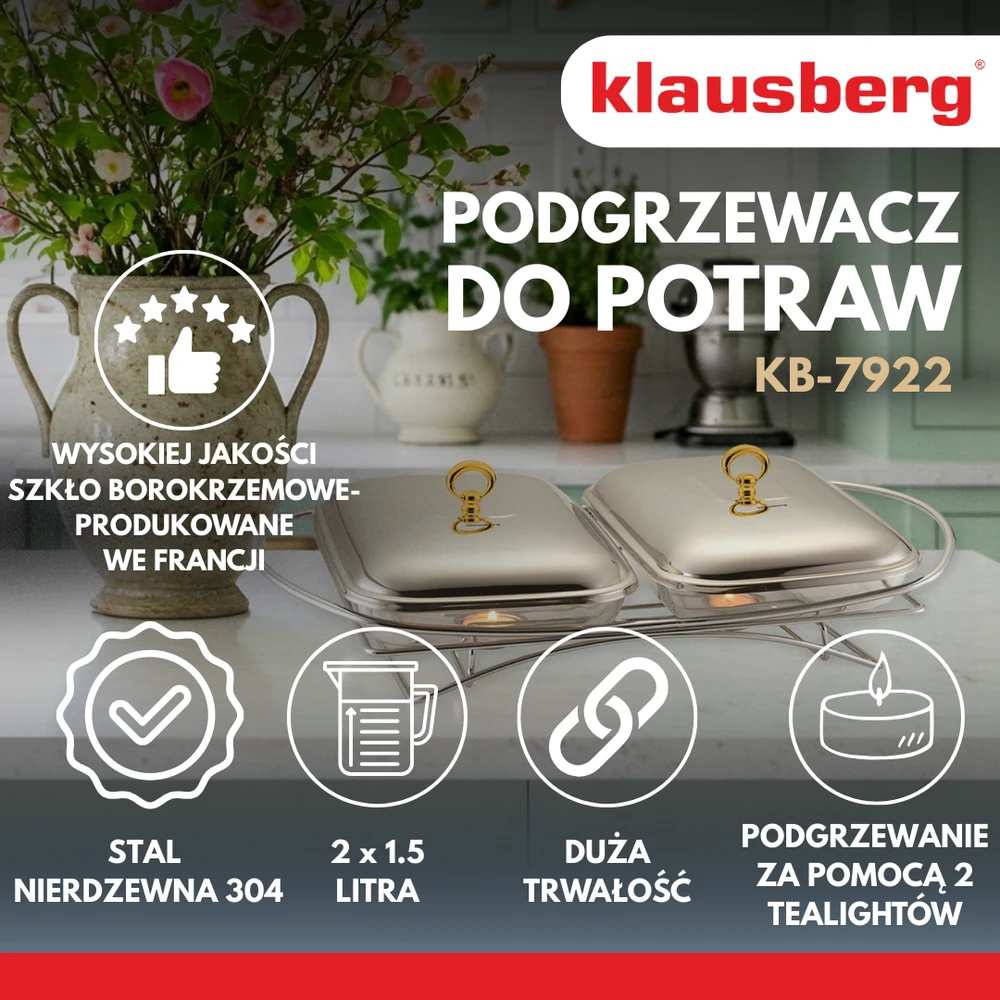 Podgrzewacz Maisto šildytuvas, stiklas + nerūdijantis plienas, 2 x 1,5 l, Klausberg, kb-7922
