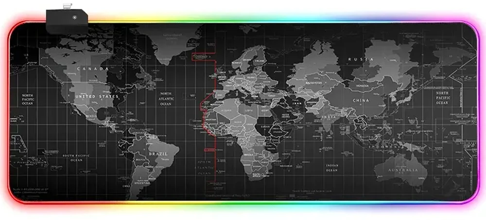 Podświetlana Apšviestas RGB LED žaidimų pelės kilimėlis, 80x30 cm, XXL dydžio pasaulio žemėlapis