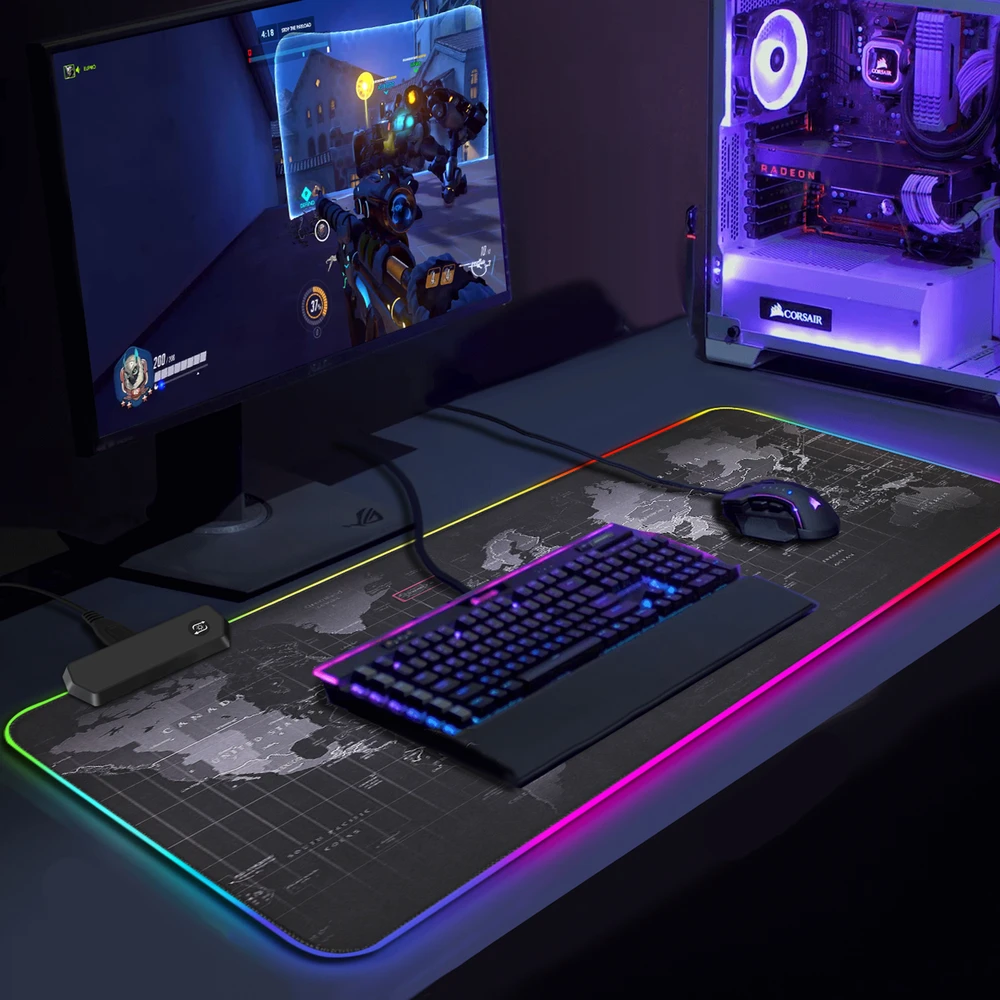 Podświetlana Apšviestas RGB LED žaidimų pelės kilimėlis, 80x30 cm, XXL dydžio pasaulio žemėlapis