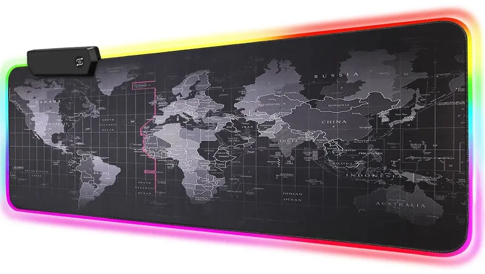 Podświetlana Apšviestas RGB LED žaidimų pelės kilimėlis, 80x30 cm, XXL dydžio pasaulio žemėlapis