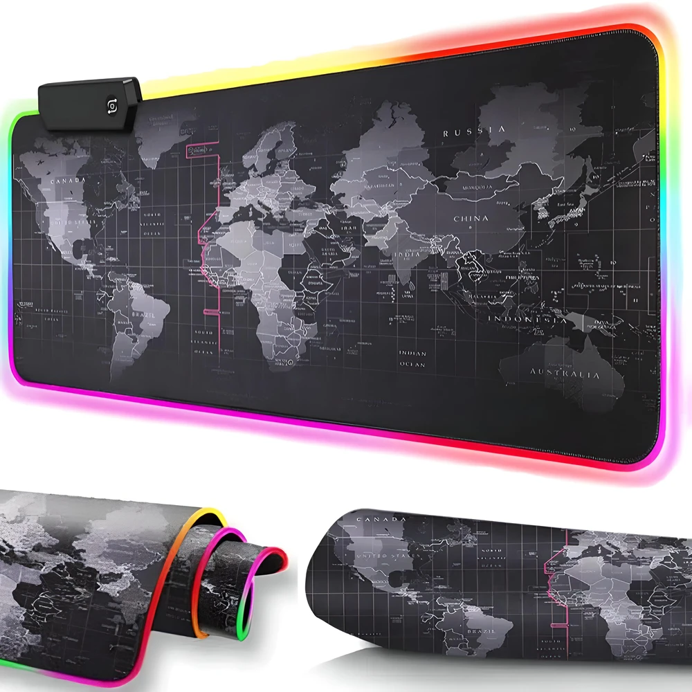 Podświetlana Apšviestas RGB LED žaidimų pelės kilimėlis, 80x30 cm, XXL dydžio pasaulio žemėlapis