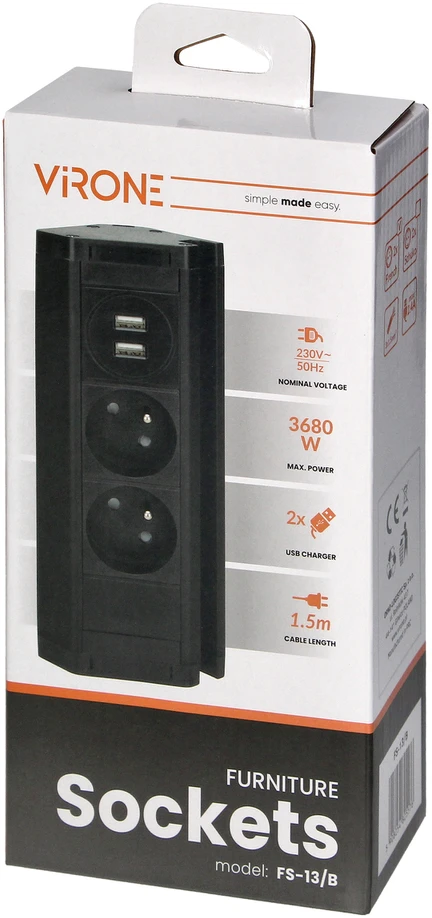 Orno Podwójne Dviguba baldų rozetė su USB įkrovikliu, telefono laikikliu ir 1,5 m laidu, 2x2P+Z, 2xUSB (A tipo, 2,4A), juoda