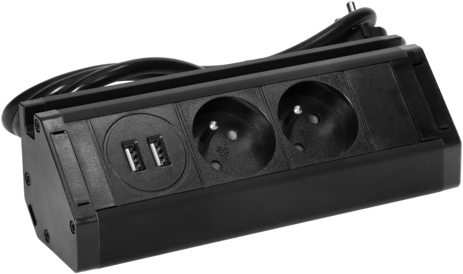 Orno Podwójne Dviguba baldų rozetė su USB įkrovikliu, telefono laikikliu ir 1,5 m laidu, 2x2P+Z, 2xUSB (A tipo, 2,4A), juoda