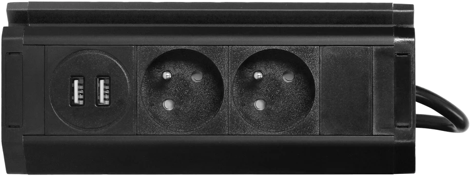 Orno Podwójne Dviguba baldų rozetė su USB įkrovikliu, telefono laikikliu ir 1,5 m laidu, 2x2P+Z, 2xUSB (A tipo, 2,4A), juoda