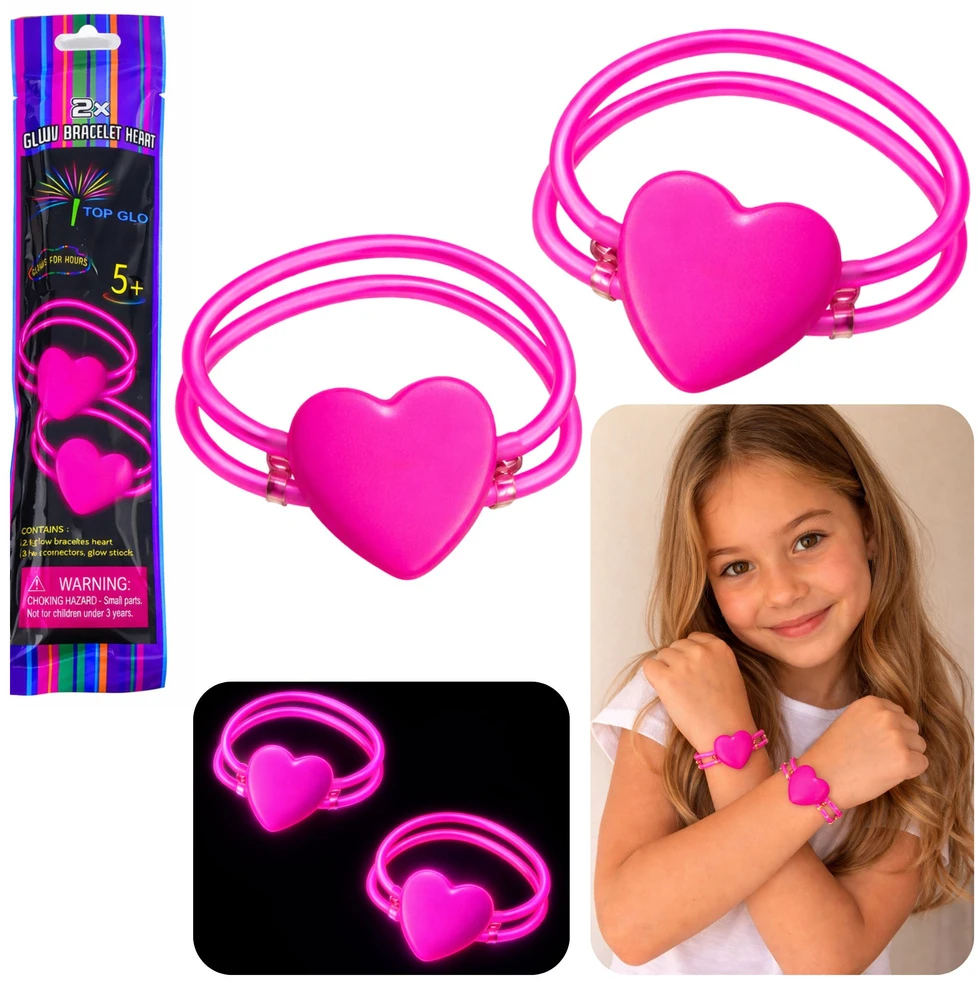 Lean Toys Podwójne Dvigubos širdelės formos apyrankės su fluorescencinėmis neoninėmis juostelėmis