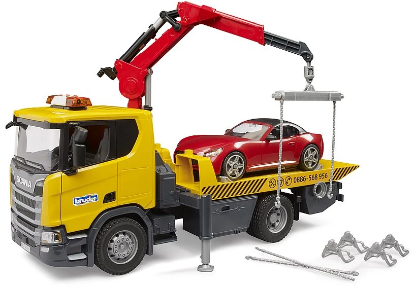 Tralas su kranu ir automobiliu Scania Bruder 3552