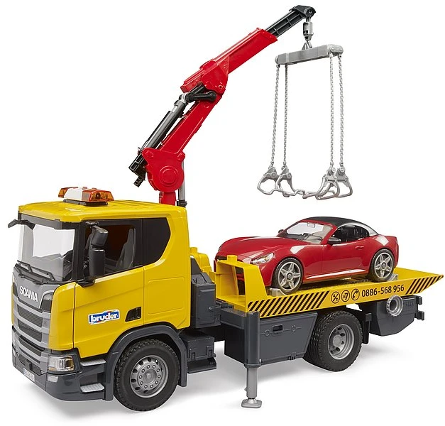 Tralas su kranu ir automobiliu Scania Bruder 3552