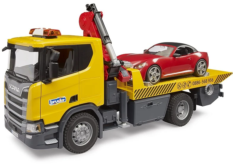 Tralas su kranu ir automobiliu Scania Bruder 3552