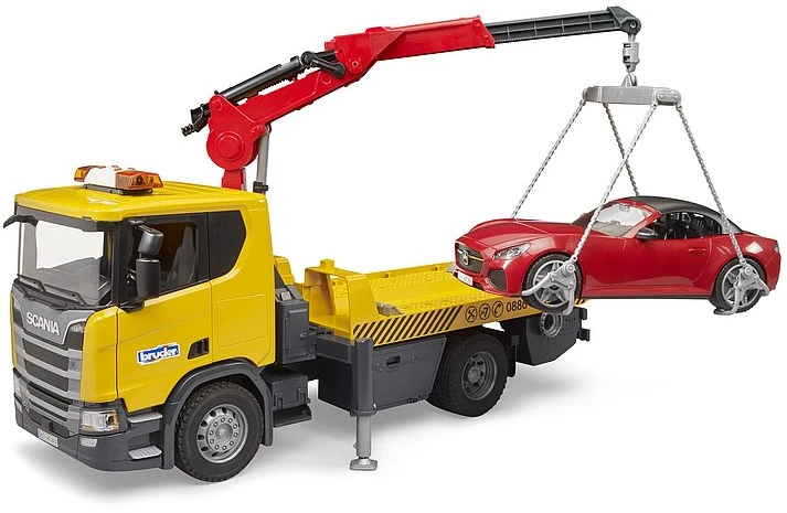 Tralas su kranu ir automobiliu Scania Bruder 3552
