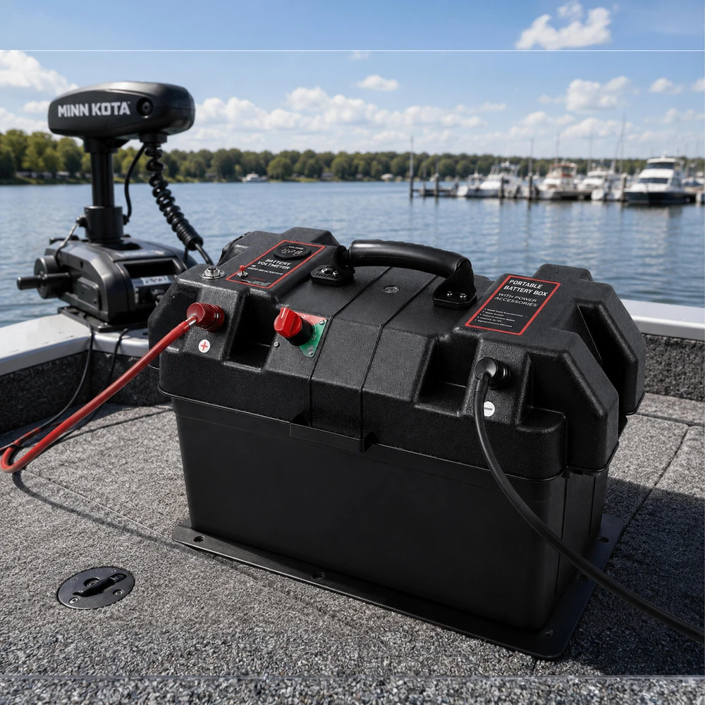 Pojemnik 12 V akumuliatorių dėžutė su voltmetru ir 2 USB jungtimis