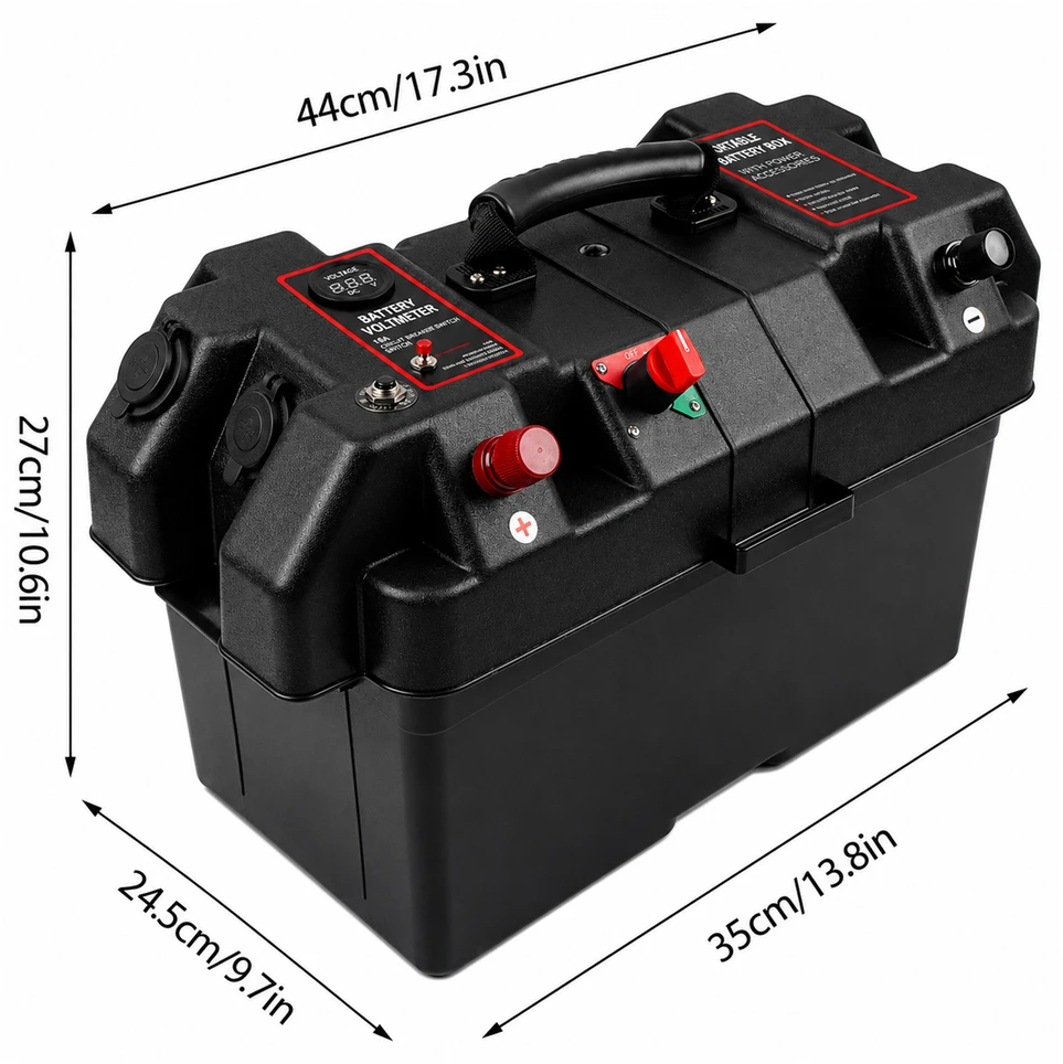 Pojemnik 12 V akumuliatorių dėžutė su voltmetru ir 2 USB jungtimis