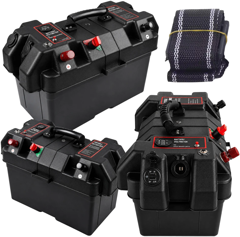 Pojemnik 12 V akumuliatorių dėžutė su voltmetru ir 2 USB jungtimis