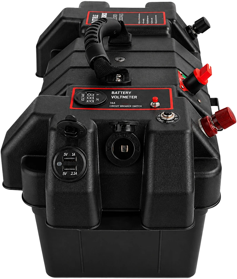 Pojemnik 12 V akumuliatorių dėžutė su voltmetru ir 2 USB jungtimis
