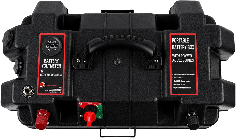 Pojemnik 12 V akumuliatorių dėžutė su voltmetru ir 2 USB jungtimis