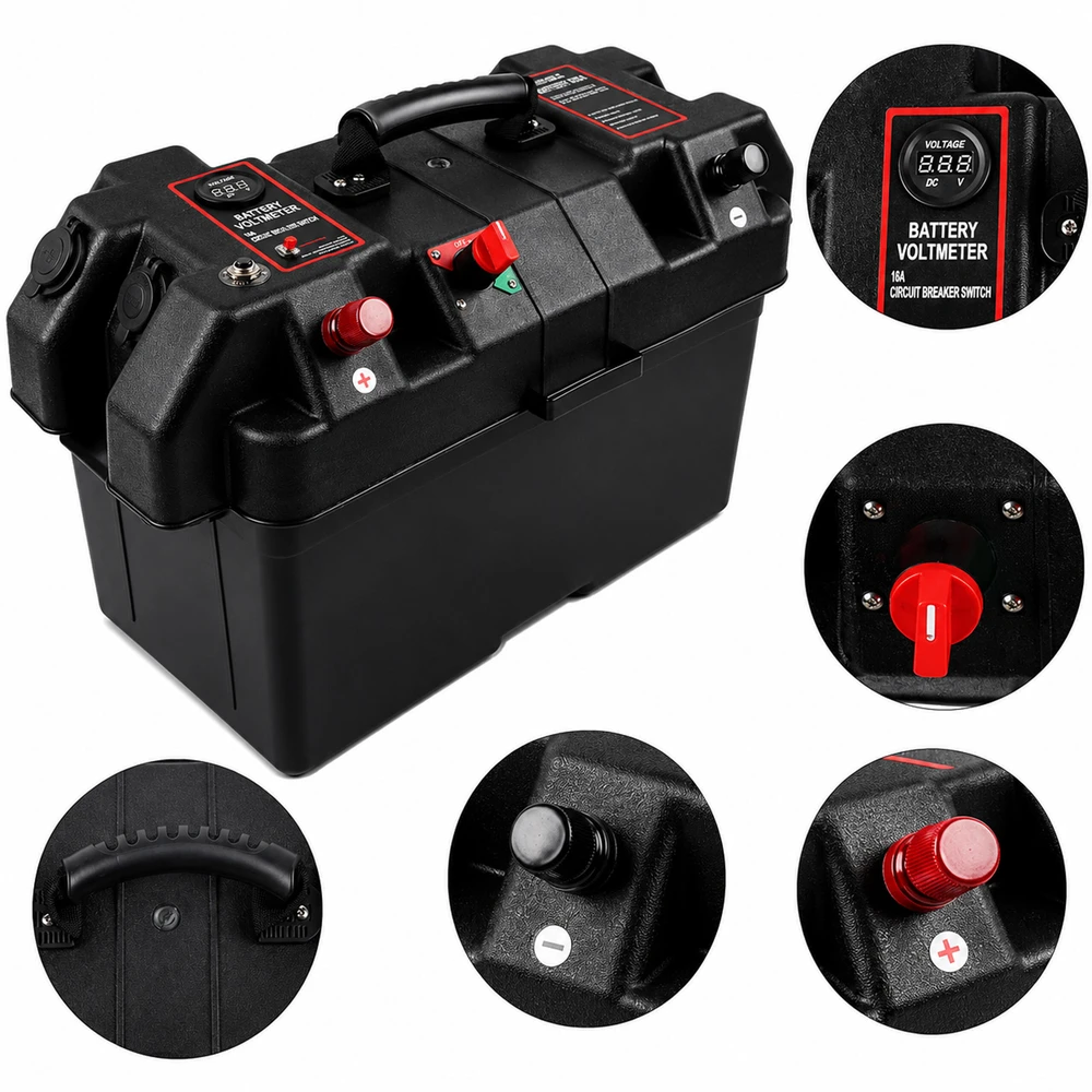 Pojemnik 12 V akumuliatorių dėžutė su voltmetru ir 2 USB jungtimis