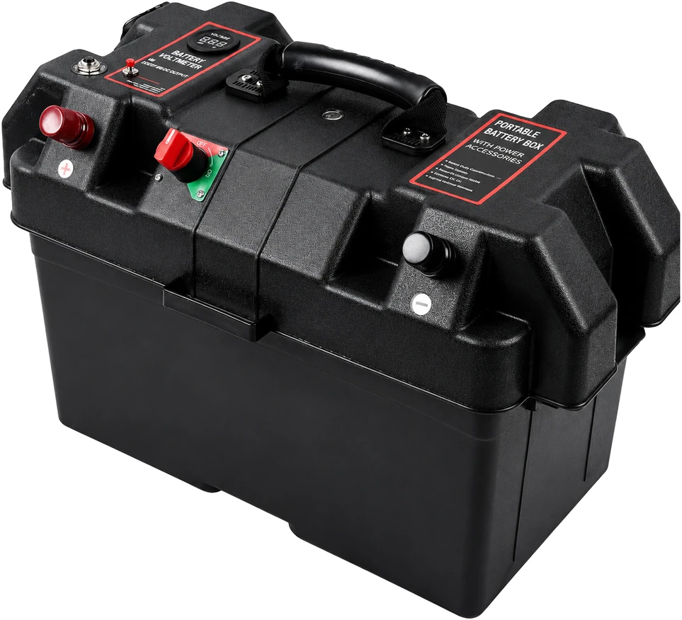 Pojemnik 12 V akumuliatorių dėžutė su voltmetru ir 2 USB jungtimis