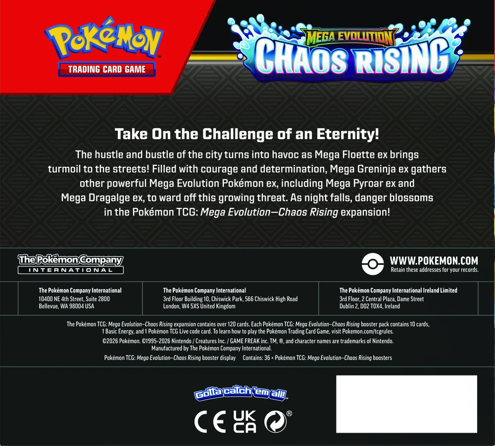 Prekybos Kortelių Booster Box - Pokémon TCG Mega Evolution Chaos Rising Booster Box 36 Pakuočių, 360 Kortelių, Daugiaspalvis