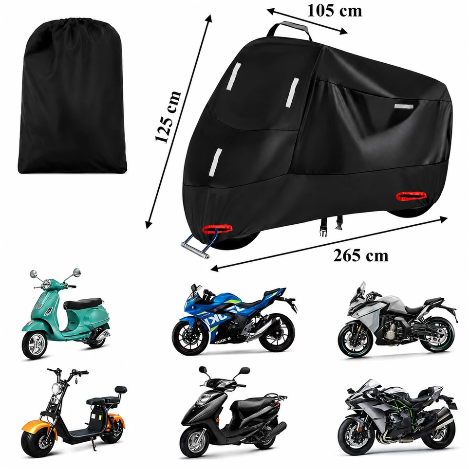 Pokrowiec- XXXL uždangalas motoroleriui, motociklui, vandeniui atsparus, universalus, 265x105x125