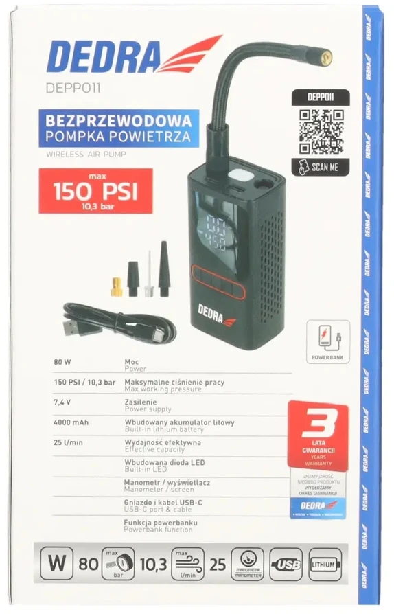 Pompka- Belaidė oro pompa su išoriniu akumuliatoriumi Dedra DEPP011 12 V 80 W