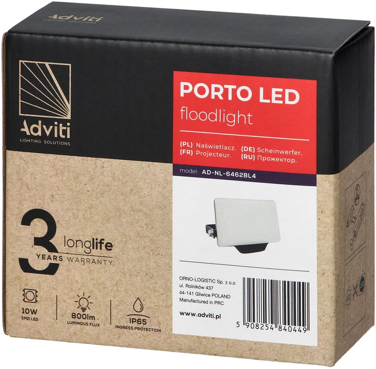 Orno PORTO LED 10W berėmes prožektorius, 800lm, IP65, 4000K, aliuminis + polikarbonatas