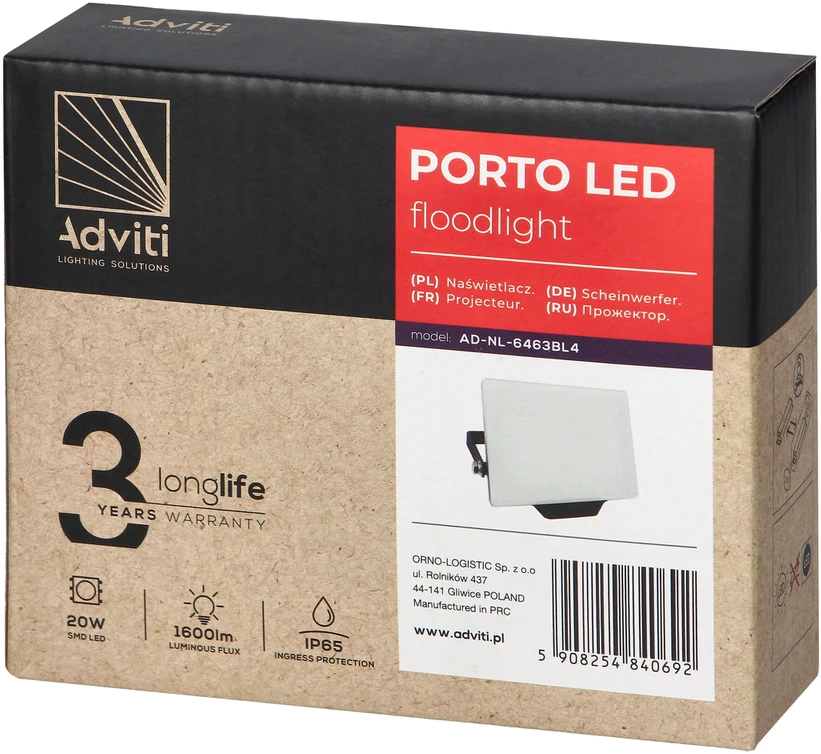 Orno PORTO LED 20W berėmes prožektorius, 1600lm, IP65, 4000K, aliuminis + polikarbonatas