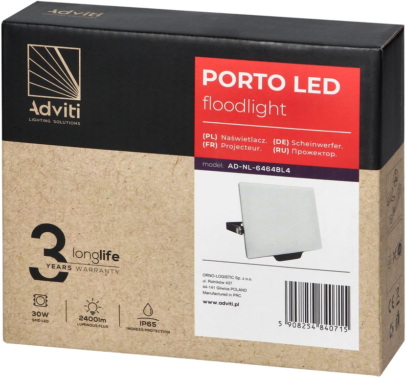 Orno PORTO LED 30W berėmes prožektorius, 2400lm, IP65, 4000K, aliuminis + polikarbonatas