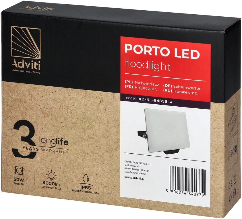 Orno PORTO LED 50W berėmes prožektorius, 4000lm, IP65, 4000K, aliuminis + polikarbonatas