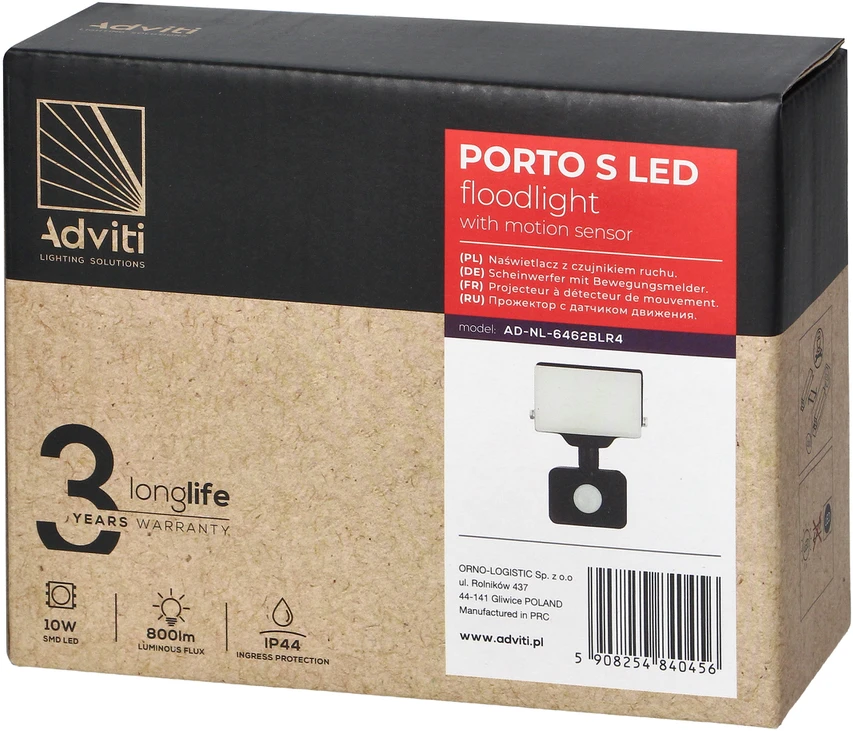 Orno PORTO S LED 10W prožektorius su PIR, 800lm, IP44, 4000K, aliuminis + polikarbonatas