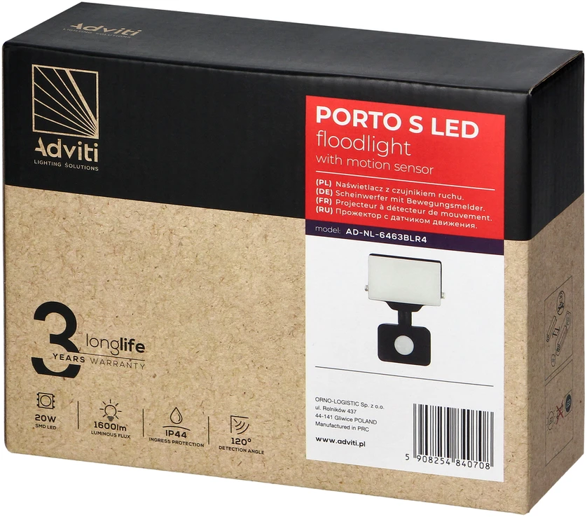 Orno PORTO S LED 20W prožektorius su PIR, 1600lm, IP44, 4000K, aliuminis + polikarbonatas
