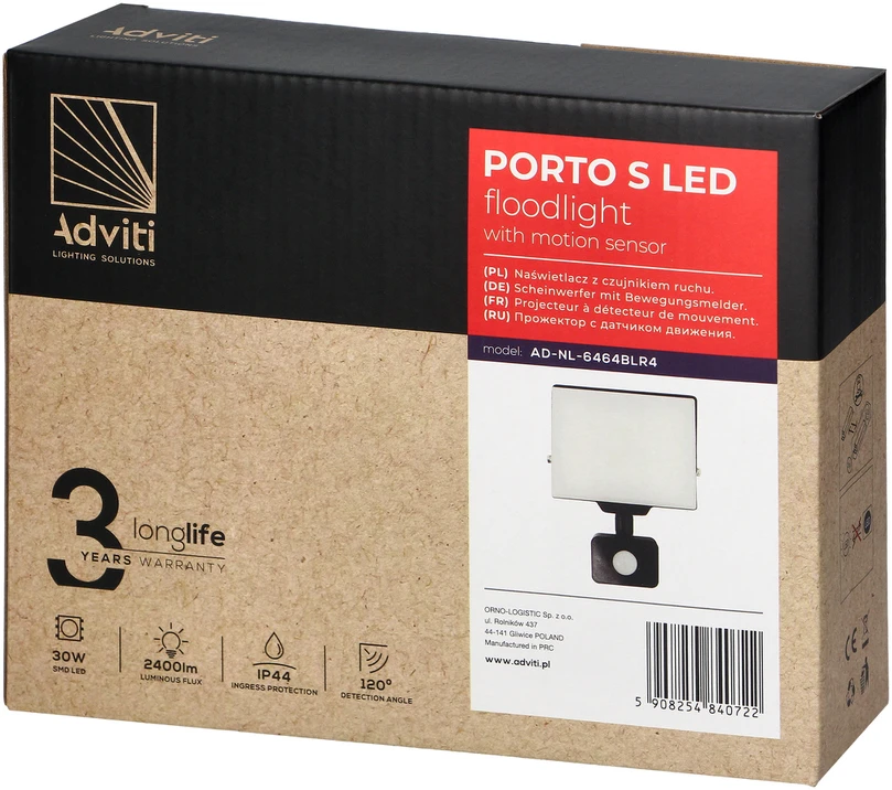 Orno PORTO S LED 30W prožektorius su PIR, 2400lm, IP44, 4000K, aliuminis + polikarbonatas