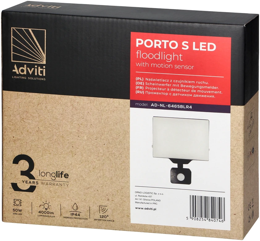 Orno PORTO S LED 50W prožektorius su PIR, 4000lm, IP44, 4000K, aliuminis + polikarbonatas