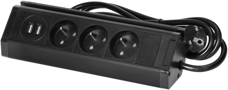 Orno Potrójne Triguba baldų rozetė su telefono laikikliu, USB įkrovikliu ir 1,5 m laidu, 3x2P+Z, 2xUSB (A tipo, 2,4A), juoda
