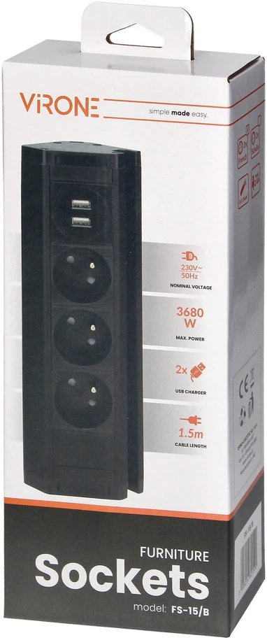 Orno Potrójne Triguba baldų rozetė su telefono laikikliu, USB įkrovikliu ir 1,5 m laidu, 3x2P+Z, 2xUSB (A tipo, 2,4A), juoda